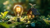 59. Light bulb illuminated with a tiny windmill and eco-friendly house inside, placed on a lush green background, showcasing renewable energy solutions