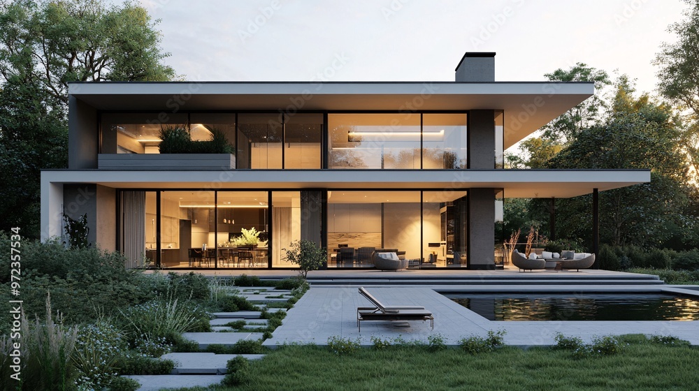 90. 3D visualization of a contemporary minimalist house, highlighted by ...