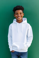 A sweatshirt mockup featuring an African-American teenager wearing a blank white hoodie