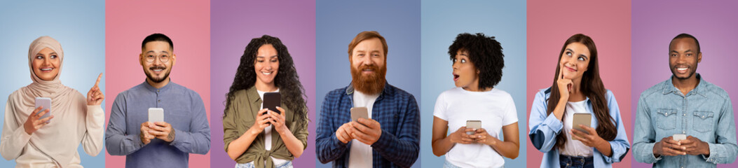 Wall Mural - A diverse group of individuals holds smartphones, expressing various emotions in a brightly colored background. This setting showcases unity and connection through digital interaction among friends.