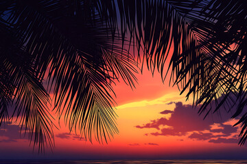 Wall Mural - A serene sunset over the ocean framed by palm leaves, creating a tranquil atmosphere.