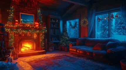 Sticker - Heatmap of a cozy cabin decorated for Christmas, with warm reds near the fireplace and cooler blues in the snow-covered windows. 4K hyperrealistic photo.