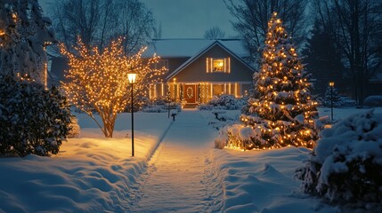 Wall Mural - Holiday light display with bulbs transitioning from warm amber to cool blue, illuminating a snowy front yard. 4K hyperrealistic photo.