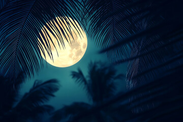 Wall Mural - A serene night scene featuring a full moon framed by palm leaves.