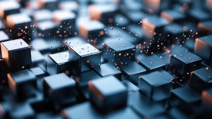 Poster - Abstract digital landscape featuring floating cubes with glowing edges and particles in a futuristic setting, symbolizing technology and innovation