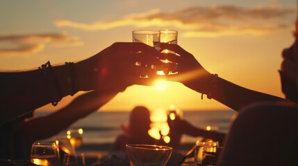 Poster - Silhouette of friends toasting at sunset