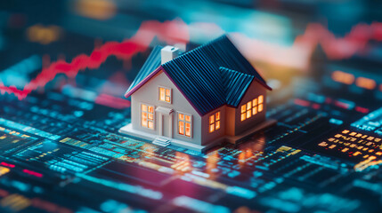 Aufkleber - Glowing miniature house atop a digital stock market chart, representing real estate investment concepts