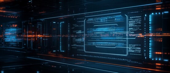 Fototapete - Big data center, cloud storage, server room. Conceptual background for the future of technology.