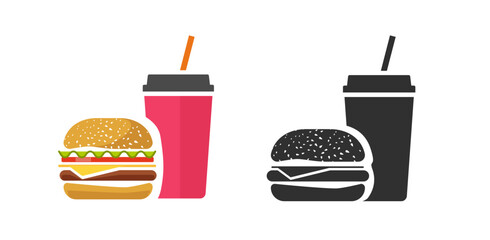 fast food icon vector with burger and soda beverage drink simple graphic pictogram and flat cartoon 