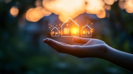 Poster - Businessman holds glowing digital houses above his hand, representing the real estate market's expansion