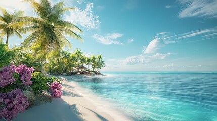 Wall Mural - Tranquil tropical beach scene with palm trees, lush greenery, and a calm turquoise ocean.
