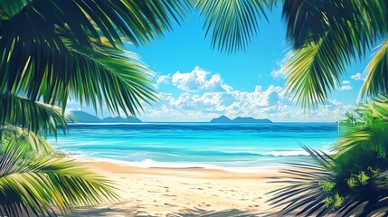 Wall Mural - Tropical beach scene framed by palm leaves, blue skies and turquoise waters.
