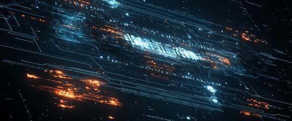 Fototapete - An abstract background circuit board that represents a futuristic server. This can be used for digital dynamic wallpaper, technology backgrounds, or 3D visuals.