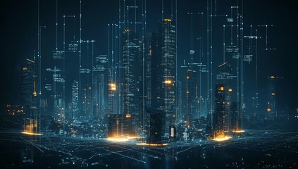 Wall Mural - Cityscape with wireless network connection and cityscape. Big data connection technology concept. Wireless network and connection technology concept with city background at night.