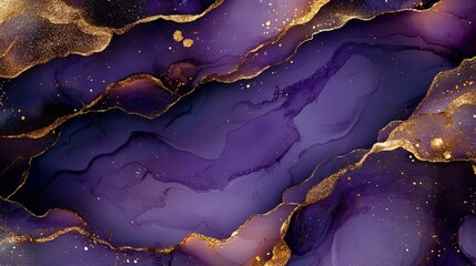 Wall Mural - Luxury purple and gold stone marble texture. Alcohol ink technique abstract background. Modern paint with glitter. Template for banner, poster design.