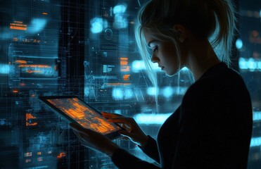 Aufkleber - In an office, a woman makes use of technology to research the internet and web for a startup project. Business, tech, and online employees plan strategies or type digital strategies at night.