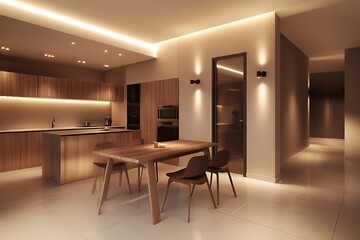 Wall Mural - Modern dining area with wooden table and chairs, kitchen island, and a view of a hallway, all lit by warm, recessed lights.