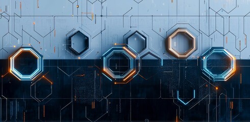 Canvas Print - An abstract blue computer technology background has hexagon circuit boards and circles in technology illustrations.