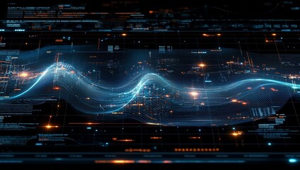 Poster - Connected dots on a 3D wave landscape. Data science, particles, virtual reality, cyberspace, metaverse concept.