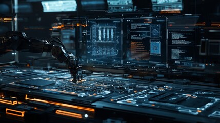 Aufkleber - An electronic devices manufacturing factory with fully automated PCB assembly lines and high precision robot arms. Electronic components installation and quality control.