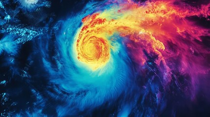 Sticker - Heatmap of a coastal region during a hurricane, with vibrant colors showing the storm's intensity and cooler tones in the calmer surrounding areas. 4K hyperrealistic photo.