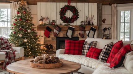 Poster - Farmhouse Christmas decor with buffalo plaid, wooden accents, and a tree with homemade ornaments in a rustic living room. 4K hyperrealistic photo.