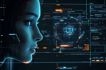 Poster - A portrait of a futuristic android woman with advanced technology data overlays