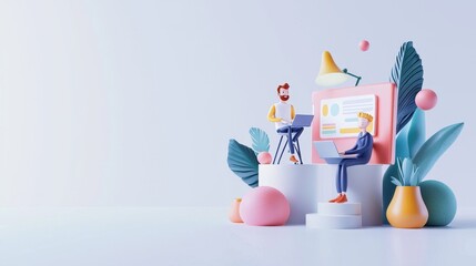 Leinwandbilder - An illustration of teamwork in web UI UX design. Team members are building the website user interface in 3D.