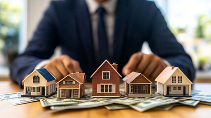 Poster - Real estate agent selecting from model houses on dollar banknotes at table