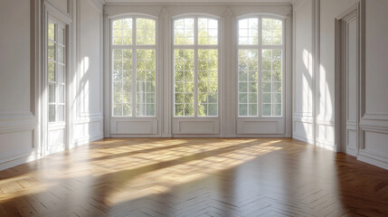 Poster - Classic style empty room with big windows and herringbone parquet flooring filled with sunlight: interior design