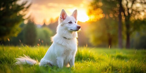 Wall Mural - Adorable white dog with fox-like features and curled tail sits calmly on a vibrant green grassy lawn, with