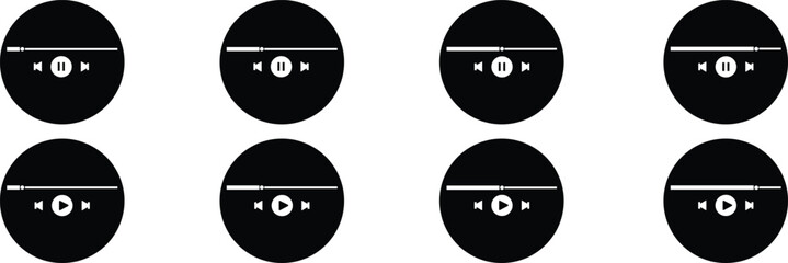 Poster - Music or video play and paus bar icons Set. Audio player and paus for songs or podcast playlist. Modern social media buttons interface template live digital stream isolated on transparent background.