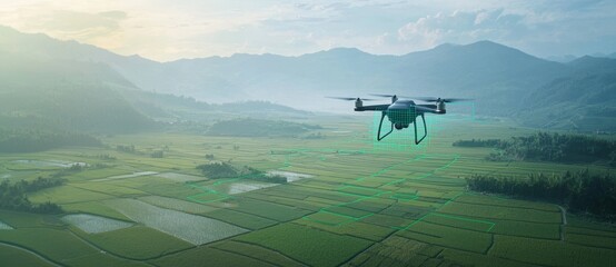 Poster - Drones used for agriculture, including research, safety, rescue, and terrain scanning technologies. Drones also monitor soil moisture and yield problems, and send data to smart farmers on tablets.