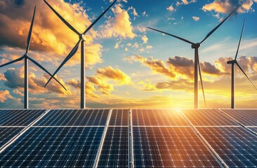 Aufkleber - The wind turbine is surrounded by solar panels and a sunset. Concept of clean energy
