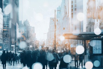 Aufkleber - An IoT and stock concept showing big data, IoT, and smart cities. Neural networks are connecting atoms and blurring background people crossing streets.