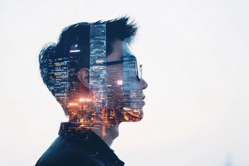 Poster - The double exposure image shows a businessman thinking over a cityscape and futuristic hologram. Presents ideas of modern life, business, urban life, and the internet of things.