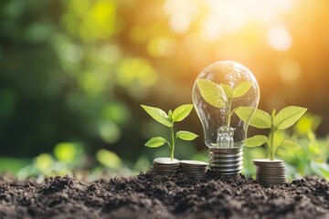 Poster - A lightbulb with a tree and coins on a sunny background, symbolizing the conservation of energy and finance