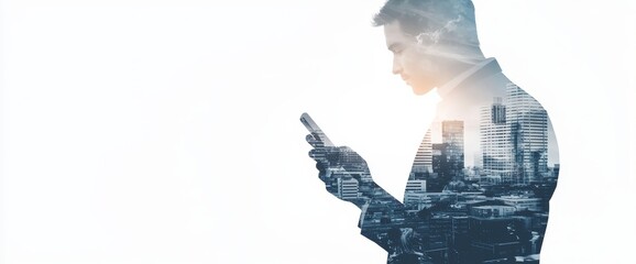 Poster - On a modern cityscape background, a double exposure image shows a business person using a smartphone or mobile phone device as part of a business communication network.