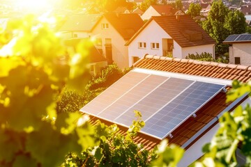 Poster - In the sun, solar panels on the roof of a building are visible through grape leaves. This image is for alternative energy design. Selective focus.