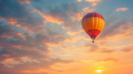 Hot Air Balloon at Sunrise: A vibrant hot air balloon floating gracefully in the sky at sunrise. 
