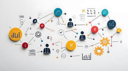 Colorful Abstract Business Network Diagram with Icons and Lines