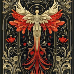 Wall Mural - Ornate Art Nouveau Floral Design With Red Flowers and Gold Foliage