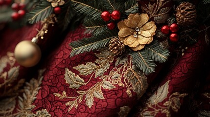 Wall Mural - Close-up of a Christmas tree skirt, with luxurious fabric and detailed embroidery capturing the holiday spirit. 4K hyperrealistic photo.