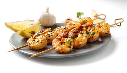 Wall Mural - Grilled Shrimp Skewers with Lemon and Garlic on a Plate