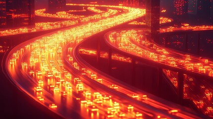 Canvas Print - Heatmap of a busy highway, with warm colors highlighting the most congested sections and cooler tones in the less trafficked lanes. 4K hyperrealistic photo.