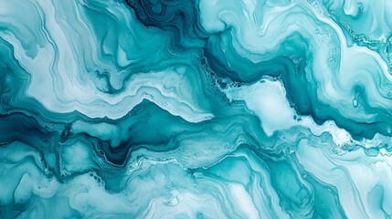 Pastel cyan mint liquid marble watercolor background with white lines and brush stains. Teal turquoise marbled alcohol ink drawing effect.