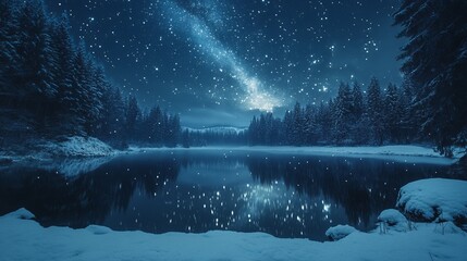 Sticker - Snow-covered lake surrounded by dark, snow-laden trees, with the night sky filled with bright stars and a faint aurora. 4K hyperrealistic photo.