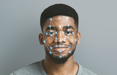 Sticker - Face detection and recognition of african-american man. Computer vision and artificial intelligence concept