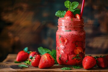 Wall Mural - Refreshing Strawberry Smoothie in Mason Jar with Fresh Mint Garnish - Perfect for Summer Beverage Concepts and Healthy Recipes