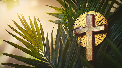 Wall Mural - palm sunday background christianity celebration, Christian Palm Sunday with palm branches and leaves and cross